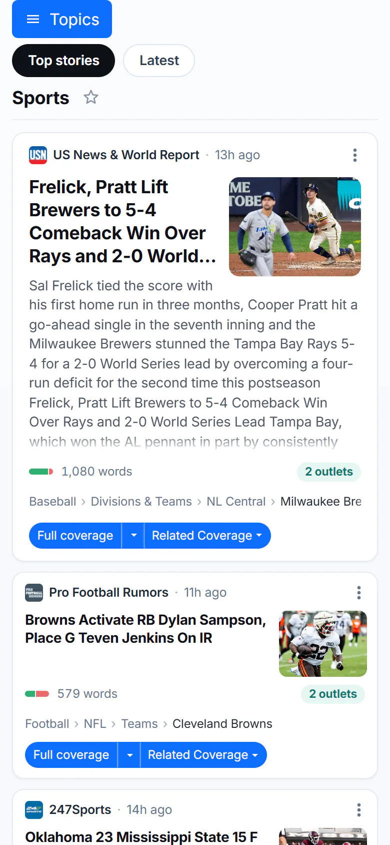 The front page on a phone: the Topics button, the Top stories and Latest tabs, a Sports group heading with its star, and the lead story in a single column